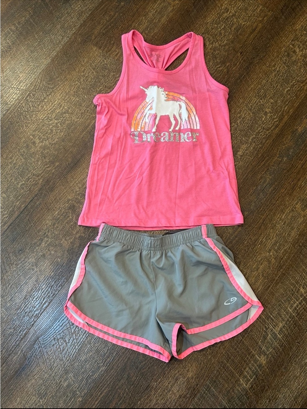 Girls Pink Unicorn Racerback Tank Top with Gray Athletic Shorts